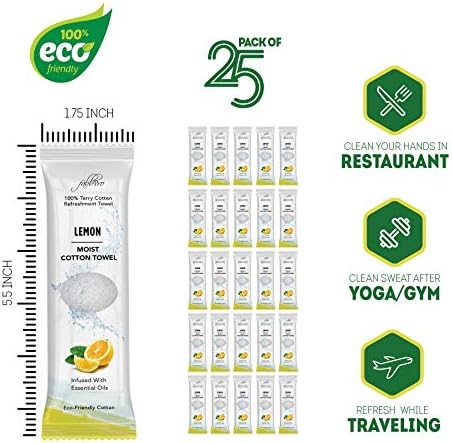 Oshibori Moist Terry Cotton Refreshment Towels (25 Pack, 8 x 8 Inches) - White Scented Pre-moistened Essential Oil Infused Towel to Use Hot or Cold - Lemon Scent
