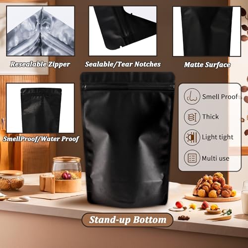 100 Pack Stand Up Bags, Reusable, Plastic, Zipper Closure, Black, 5.9x8.6 Inch, Rectangular, Smell Proof, Waterproof, Food Storage Bags