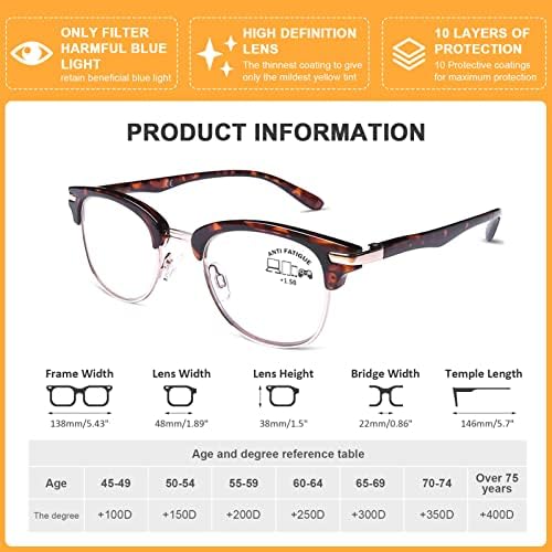 DOOViC 4 Pack Blue Light Blocking Reading Glasses Fashion Classic Style Spring Hinge Computer Readers for Women Men 1.50