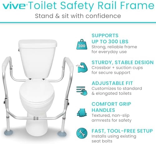 Vive Toilet Safety Rail Frame - Toilet Grab Bars for Elderly, Disabled - Assist Support Rails with Padded Handles - Stand Alone for Bathroom - Adjustable Non Slip for Adults, Seniors, Handicapped