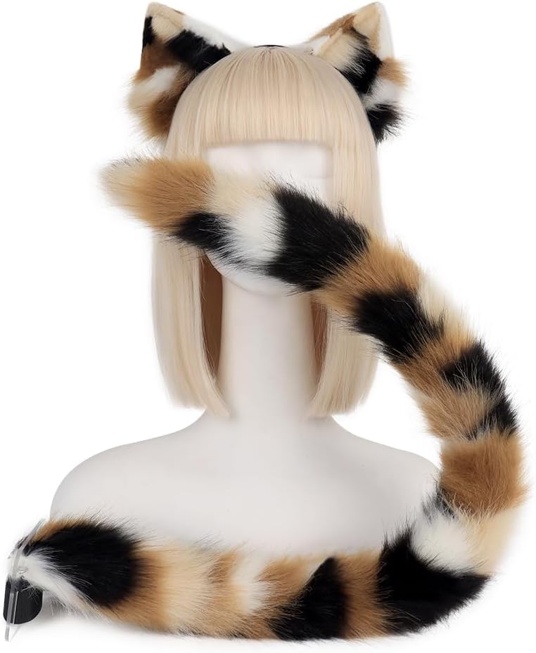 QinRuan Animal Cosplay Costume Accessories Furry Faux Fur Cat Ears Headband and Fox Tail Set Halloween Accessory