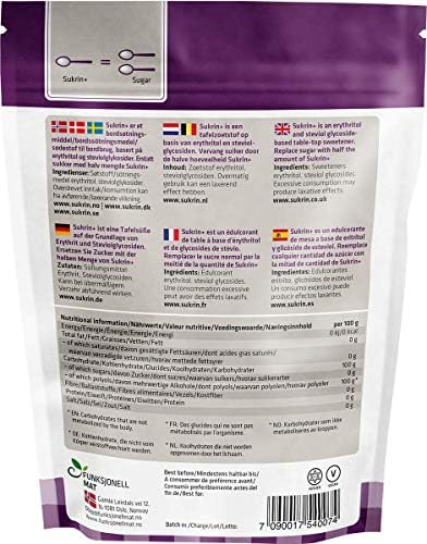 Sukrin Plus - All Natural No Calorie Sugar Substitute - Easily Dissolvable Granulated Natural Sugar Replacement - Great Sweetener Alternative For Diabetic, Keto & Gluten Free Diet - 250g