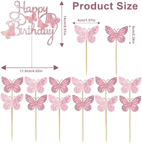 13PCS Butterfly Cake Toppers, 3D Pink Glitter Butterfly Cake Decorations for Wedding, Anniversary, Baby Shower, Birthday Party