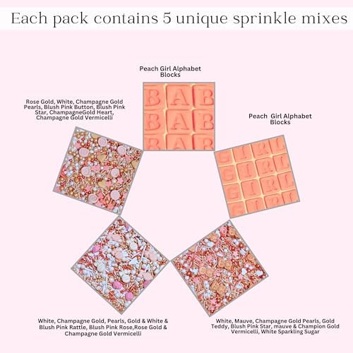 Confect Girls Baby Shower Sprinkles | Gender Reveal Sprinkles | Assorted Pack of 5 Mix Rose Gold, Peach, Blush Pink & Gold Edible Sprinkle | Vegan, Gluten-Free, Nut-Free, Soy-Free, Dairy-Free, Palm Oil-Free - 5 Oz