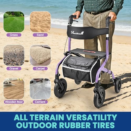Foldable Rollator Walker: 10" & 8" All-Terrain Wheels, 300lb Capacity, Treaded Rubber Tires, Breathable Seat & Backrest, Lightweight Mobility Aid for Seniors, Purple