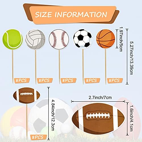 48 Pcs Sports Cupcake Toppers Cake Decorations, Sports Party Cupcake Picks, Baseball Basketball Soccer Football Tennis Volleyball Cake Toppers for Boy Kid Teen Adult Birthday Party Supplies, 6 Styles