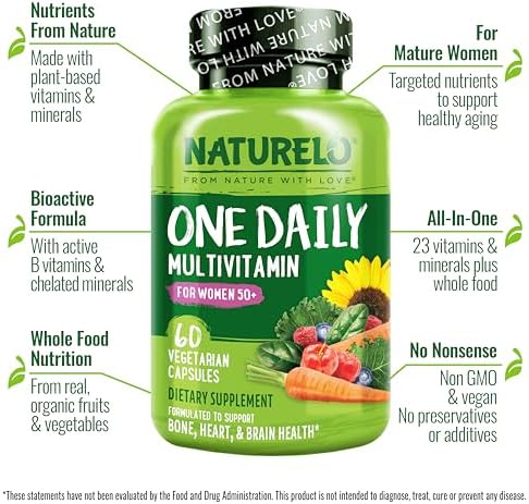 NATURELO One Daily Multivitamin for Women 50+ (Iron Free) - Menopause Support for Women Over 50 - Whole Food Supplement - Non-GMO - No Soy - 60 Capsules - 2 Month Supply