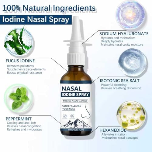 Iodine Nasal Spray - Natural, Drip-Free, Clear Nasal Spray, All-Natural, Steroid-Free, Unisex, Relieves Nasal Discomfort, Cleanses, Moisturizes and Nourishes, 60ml/2.03 Fl Oz (2pc)