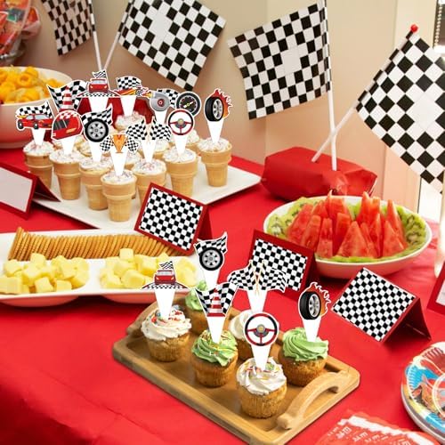 48 Pack Race Car Cupcake Toppers and Wrappers, Race Car Party Cake Decoration for Racing Checkered Theme Birthday Party Baby Shower Supplies