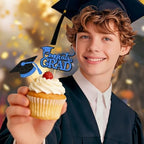 Blue Graduation Cupcake Toppers 2026, 36pcs Glitter Cupcake Toppers for Class of 2026 Party Decoration Cap Diploma Done Congrats Grad Picks for Food Dessert Graduation Party Supplies