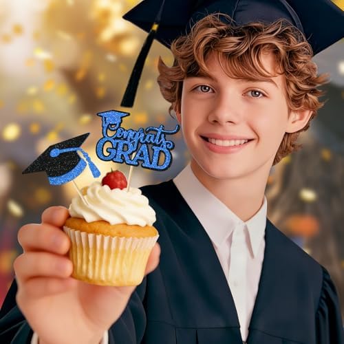Blue Graduation Cupcake Toppers 2026, 36pcs Glitter Cupcake Toppers for Class of 2026 Party Supplies Cap Diploma Done Congrats Grad Picks for Food Dessert Mini Cake Decoration