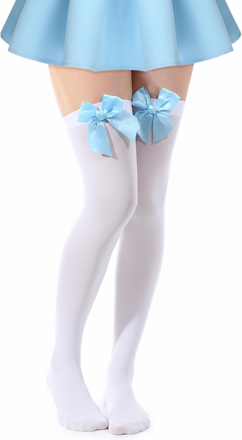 Syhood Valentine's Day Thigh High Stockings with Satin Bow Women Opaque Thigh High Socks over Knee for Daily Wear Mardi Gras