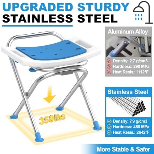 Medhelp Folding Shower Chair for Inside Shower, Stainless Steel Foldable Shower Stool, 400lbs Portable Folding Shower Seat for Travel, Anti-Slip Small Shower Chair for Elderly Disabled Injured, White