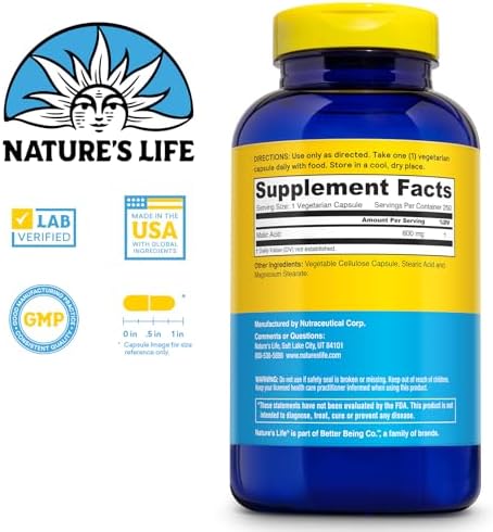 Nature's Life Malic Acid 800 mg | Chelating Agent May Help Support Energy & Muscle Comfort | No Gluten, Non-GMO | 250 Count