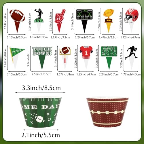 Hooqict 48 Pack Football Cupcake Toppers and Wrappers Football Cupcake Decorations Game Day Sunday Party Supplies for Sports Themed Birthday Party Decorations