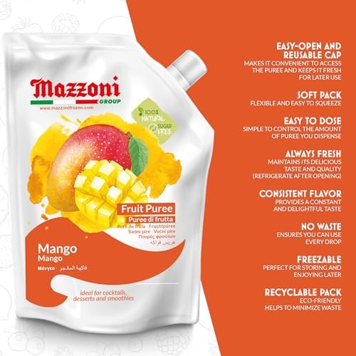 Mazzoni - Mango Puree, Juice, 100% Pure Mango Lassi, Just Fruit, Nectar, No Sugar Added, 2.2 lbs (35.2 oz) Real Fruit Mixer for Cocktails, Drinks, Smoothies, Convenient Pouch, Made in Italy