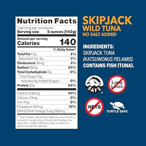 Wild Planet Skipjack Wild Tuna, No Salt Added, Canned Tuna, Sustainably Wild-Caught, Pole & Line, Non-GMO, Kosher, 5 oz, Pack of 4, Packaging May Vary