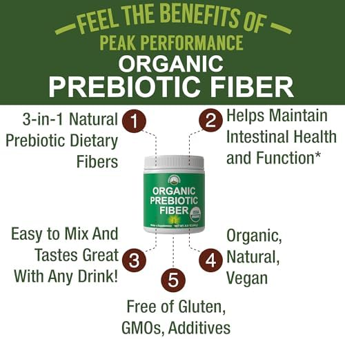 USDA Organic Prebiotic Fiber 3-in-1 Vegan Powder for Gut Health - Raw Whole Food Plant Based Prebiotics Digestive Supplement with Inulin (Jerusalem Artichoke), Acacia Fibers, SunFiber 240g