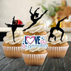 Black Gymnastics Silhouettes Edible Cupcake Toppers - Stand Up Wafer Cake Decorations, Gymnastics Birthday Party Decorations for Cake Decorating, Gym Tumble Edible Cookie Toppers (Pack of 12)