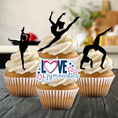 Black Gymnastics Silhouettes Edible Cupcake Toppers - Stand Up Wafer Cake Decorations, Gymnastics Birthday Party Decorations for Cake Decorating, Gym Tumble Edible Cookie Toppers (Pack of 24)