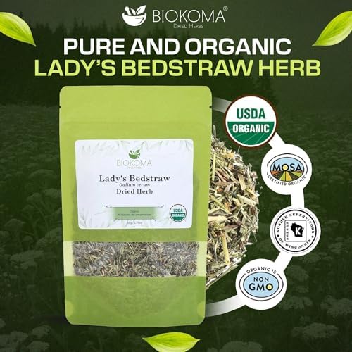 Biokoma Organic Lady's Bedstraw Dried Herb 50g 1.76oz Premium Galium Verum USDA Organic Herbal Tea Lymphatic Kidney Support Resealable Pouch No Additives No Preservatives No GMO Caffeine-Free Kosher