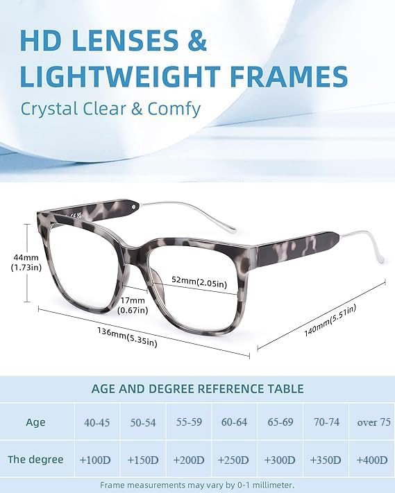 JM Oversized Reading Glasses for Women - Square Stylish Readers for Woman Men/W Blue Light Blocking Trendy Womens Reader