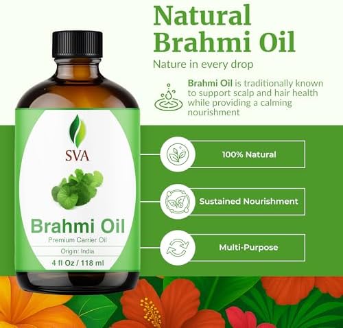 SVA Brahmi Oil - 4 Fl Oz – 100% Natural Cold Pressed Brahmi Oil - for Face, Skin Care, Hair Care, Scalp Massage & Body Massage – Carrier Oil with Dropper