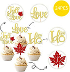 24 PCS Fall in Love Cupcake Toppers Glitter Maple Leaves Love I Do Cupcake Picks Fall Theme Wedding Cake Decorations for Bridal Shower Engagement Thanksgiving Birthday Party Supplies