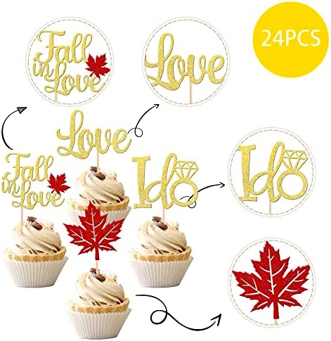 24 PCS Fall in Love Cupcake Toppers Glitter Maple Leaves Love I Do Cupcake Picks Fall Theme Wedding Cake Decorations for Bridal Shower Engagement Thanksgiving Birthday Party Supplies