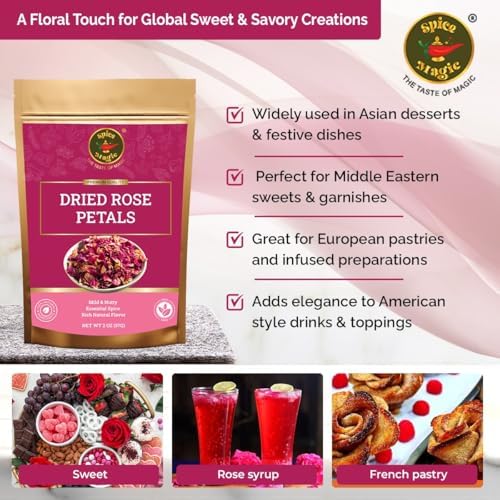 Spice Magic Dried Rose Petals | 100% Natural & Edible Rose Petals I Perfect for Herbal Teas, Desserts, Cupcake Toppings, Crafts and Decoration | Net Wt 2oz (57g)