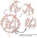 1 PCS God Bless Cake Topper with Dove Glitter Cross First Holy Communion Cake Pick for Celebration Christening Religious Baptism Baby Shower Birthday Party Cake Decorations Supplies Rose Gold