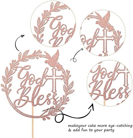 1 PCS God Bless Cake Topper with Dove Glitter Cross First Holy Communion Cake Pick for Celebration Christening Religious Baptism Baby Shower Birthday Party Cake Decorations Supplies Rose Gold