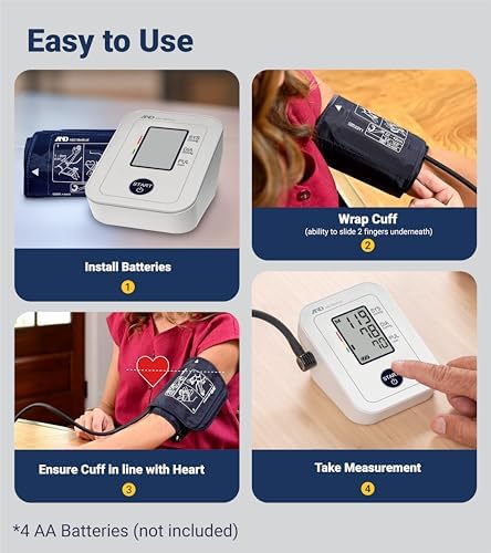 A&D Medical Blood Pressure Monitor for Home Use – UA-611 – Upper Arm Precise BP Machine– Wide Range Cuff 8.6-16.5” / 22-42cm), Easy to Use - One-Click Operation, 60 Reading Memory