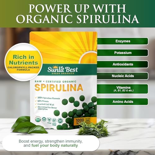 Sunlit Best Spirulina Tablets - Organic Spirulina Tablets USDA Premium 1000 Count - Natural Spirulinas Organic Burst for Immune Support Antioxidants, Energy Boost w/Chlorophyll - High Protein, Non GMO
