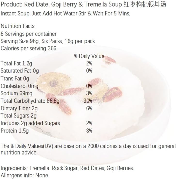 Freeze-Dried Tremella (Snow Fungus) Sweet Soup with Red Dates & Goji Berries – Instant Dessert, 6 Packs (16g Each), No Cooking, Smooth & Mild Sweet Taste 红枣枸杞银耳汤