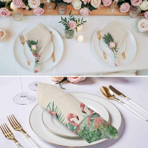 Tropical Monstera Flamingo on Linen Cloth Napkins Set of 6, Washable Napkins Cloth, Watercolor Leaves Animal Table Dinner Napkins for Kitchen Wedding Parties