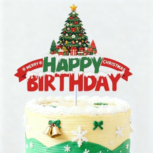 Merry Christmas Happy Birthday Cake Topper Red a And Green Glitter Tree Gift Surprise Winter Holiday Xmas Cake Decoration Boys Girls Kids Merry Themed Birthday Party