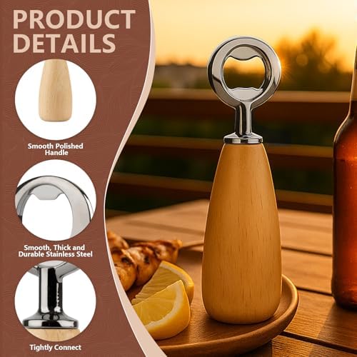 Apsire Beech Wood Bottle Opener, Stainless Steel Beverage Opener with Wooden Handle for DIY Project Engraving Wedding - Large