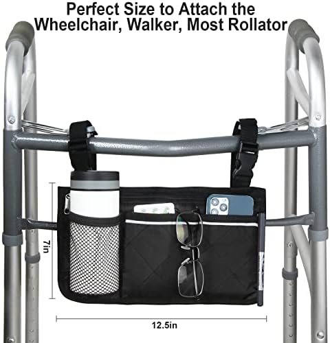 Wheelchair Side Bag, Armrest Storage Pouch with Cup Holder and Reflective Strip for Wheelchairs, Walkers or Rollators (Black)