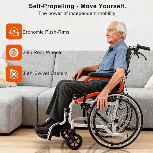Ultra Light Wheelchair for Adult Elderly 18inch Seat, 24LB Portable Self-Propelled Wheelchair for Seniors Foldable Transport Manual Chair with Double-Brake, Swing-Away Footrests, 220lb Capacity