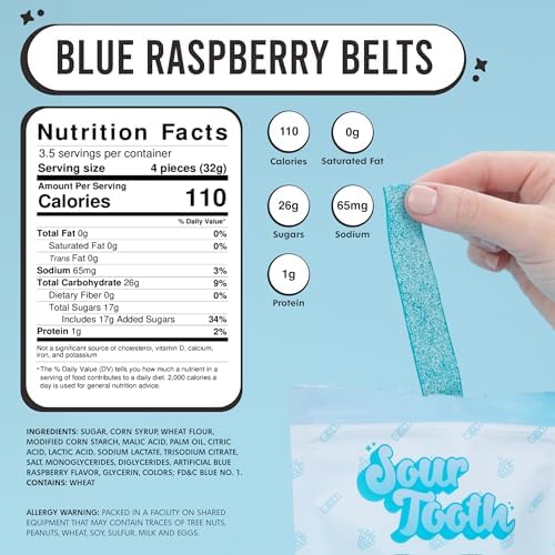 Sour Blue Raspberry Belts, Sour Belts Candy Bulk, Blue Raspberry Flavored Candy Strips, Fresh, Soft and Chewy, Great as Gift Snacks and Parties, 14 Per Bag, 3 Pack, 4 oz