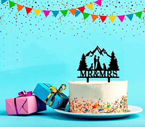 YzYbuaego Mountain Wedding Cake Topper for Forest Theme Outdoors Wedding Party, Bride Groom with 2 Dogs Cake Topper (Mountain and Dog)
