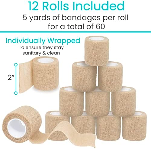 Vive Care Self Adhesive Bandage Wrap (12 Rolls) Cohesive Extra Sticking Stretch Wound Wraps - Elastic Athletic Tape for First Aid, Injuries & Sports, Arm, Leg, Ankle, Wrist, Fingers, 2" x 5yd Roll