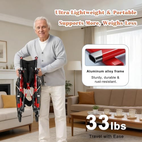 Folding All-Terrain Ultra Lightweight Sports Wheelchair Adjustable Footrest, 18" Wide Seat Wheelchairs for Adults with Safety Belt and Back Pocket, 24" Solid Tires, 220 lbs Capacity