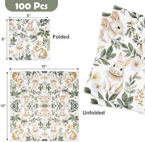 Easter Bunny Cocktail Napkins 100 Pack 3 Ply Paper Napkins Vintage Floral Rabbit Design Spring Party Disposable Dessert Beverage Table Supplies