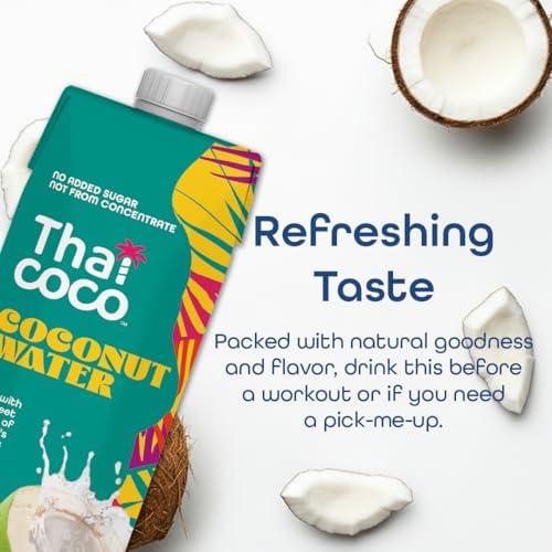 Thai Coco Organic Coconut Water, 100% Pure & Unsweetened, No Sugar Added, USDA Organic, Natural Electrolytes Hydration Drink, 33.8 fl oz Tetra Carton (Pack of 6)