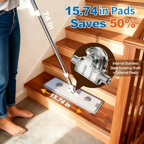CTIME Large Mop and Bucket Set, Flat Mop and Bucket System, Wall Mop with Adjustable Handle (Max 70.87 Inches), Mops for Floor Cleaning, 6 Washable 15.74'' Microfiber Mop Pads