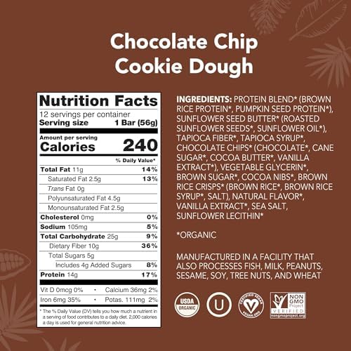 Aloha Organic Plant Based Protein Bars Chocolate Chip Cookie Dough, 1.98 Oz,(Pack of 12)