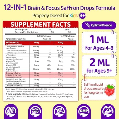 Liposomal Saffron Drops for Kids, Organic Saffron Extract Supplements with Holy Basil, Rosemary for Focus, Attention & Brain Support, Vegan, Alcohol-Free, Strawberry Flavor, 2 FL OZ