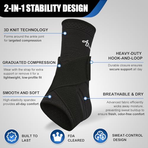 ABIRAM Ankle Brace for Men & Women - Adjustable Compression Sleeve with Wrap for Sprained Ankle, Plantar Fasciitis, Achilles Tendonitis - Breathable Support for Running, Volleyball, Basketball - L